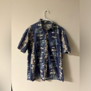 Vintage Old Navy Men’s Hawaiian Shirt Blue Floral Island Print Size M